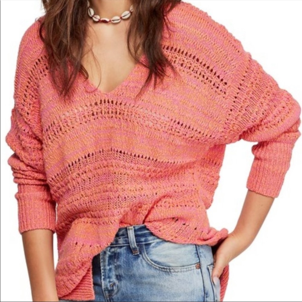 Free People Pink Hot Tropics V Neck Sweater